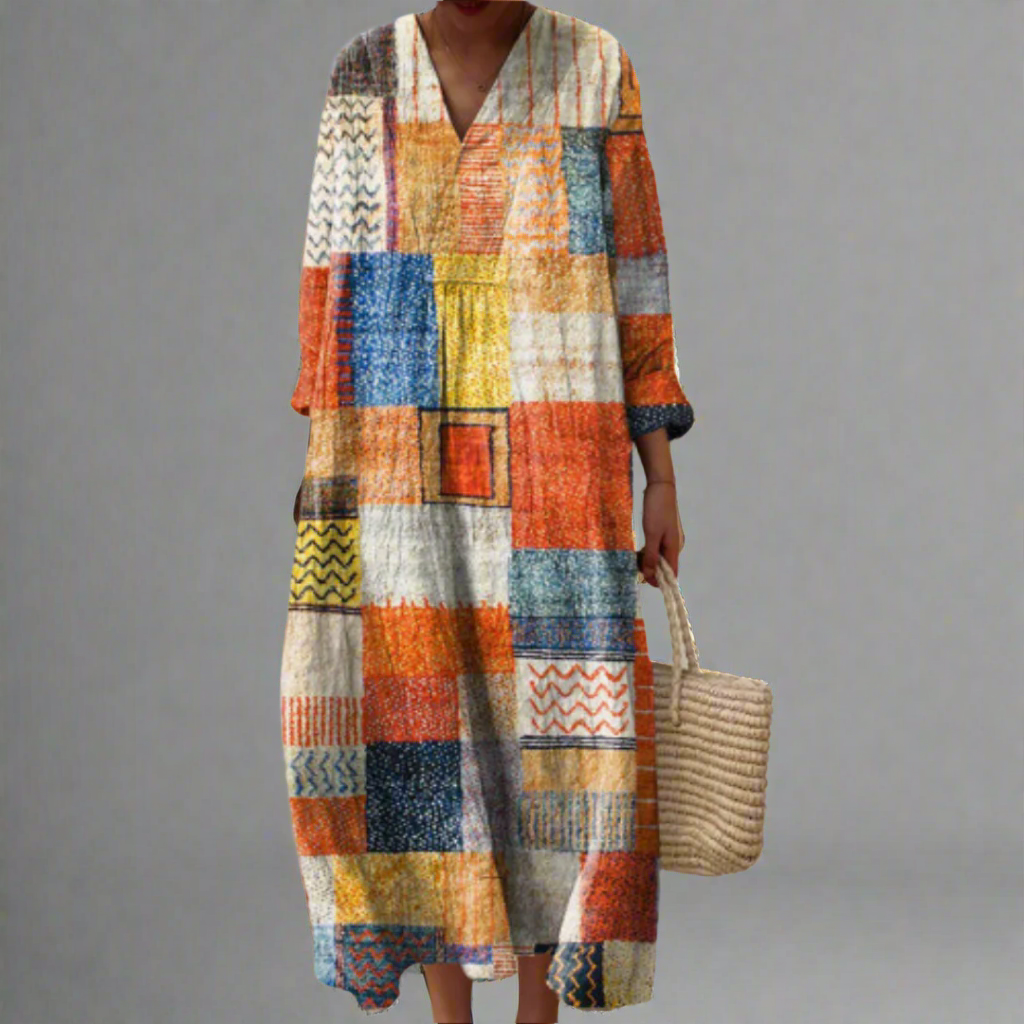 Abito lungo a maniche lunghe Patchwork Harmony - Stile semplice per le donne