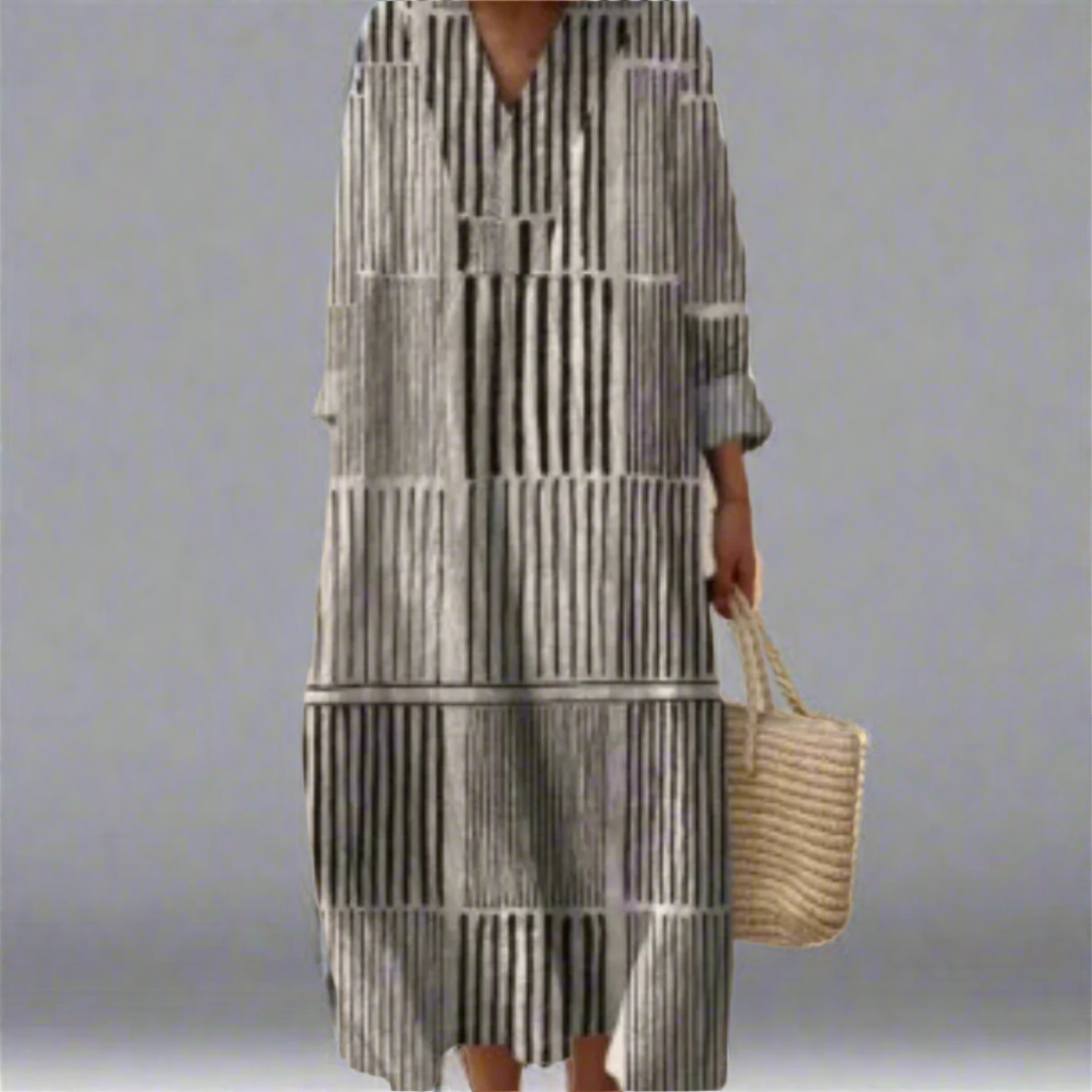 Abito lungo a maniche lunghe a righe monocromatiche - Chic Comfort per le donne
