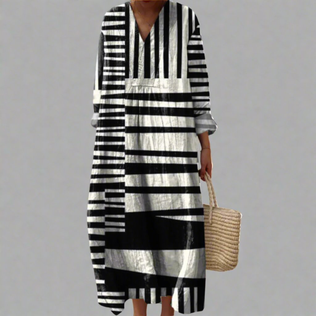 Abito lungo a righe monocromatiche - Elegante modello a maniche lunghe per donna