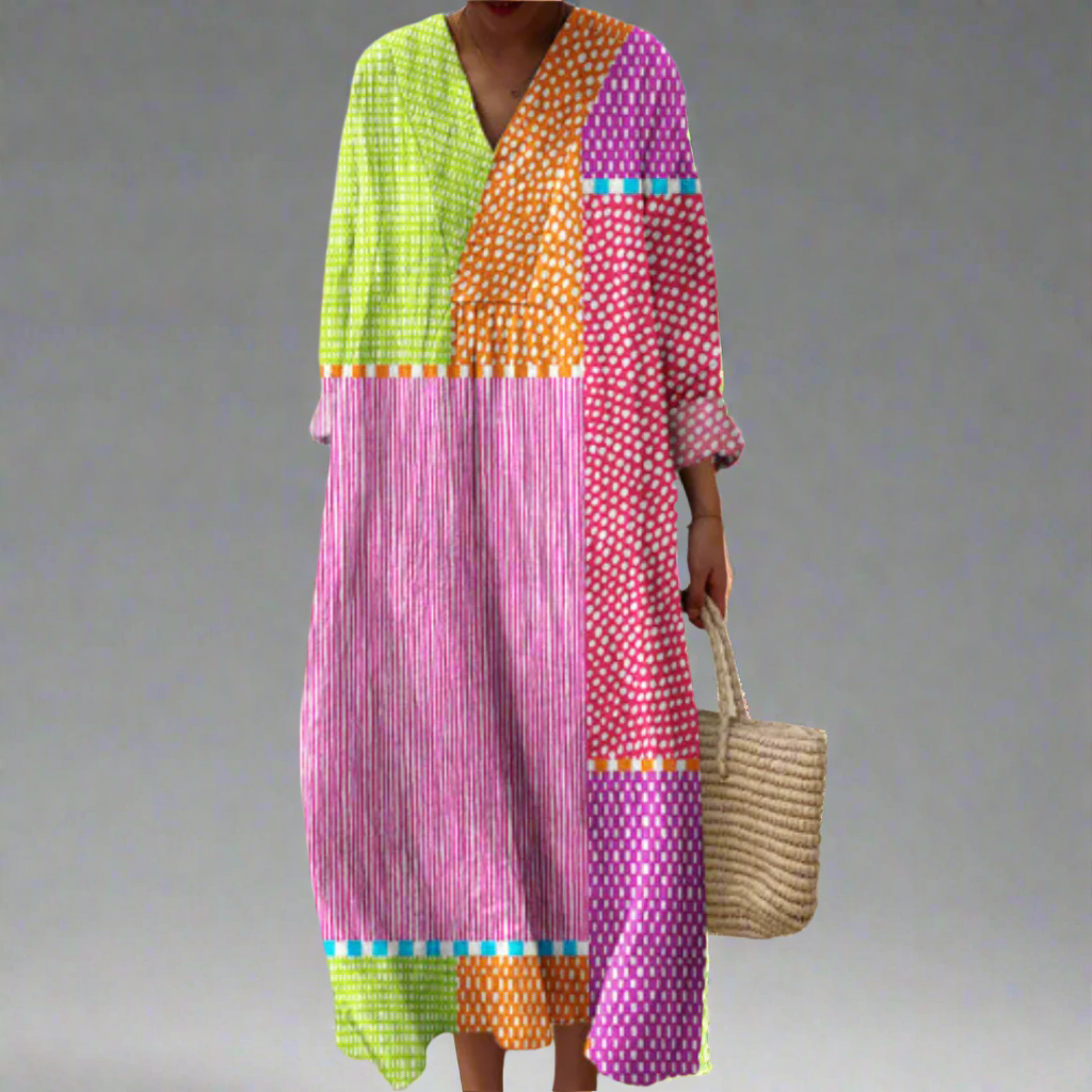 Abito lungo patchwork a pois - Stile a maniche lunghe e comfort per tutto il giorno