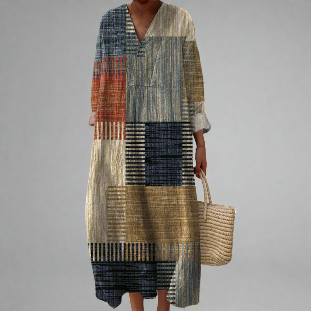 Abito lungo patchwork color terra - Elegante e confortevole, a maniche lunghe, per donna