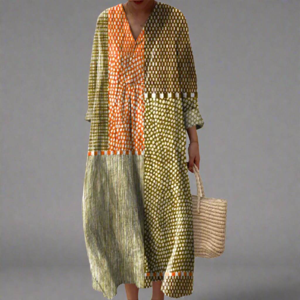Abito midi a maniche lunghe Vivienne - Vestibilità comoda con patchwork artistico