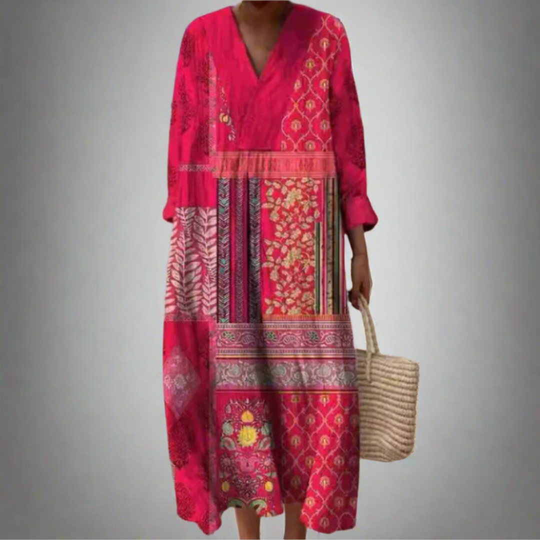 Abito midi boho - Patchwork vivace per invitati a nozze e gite estive