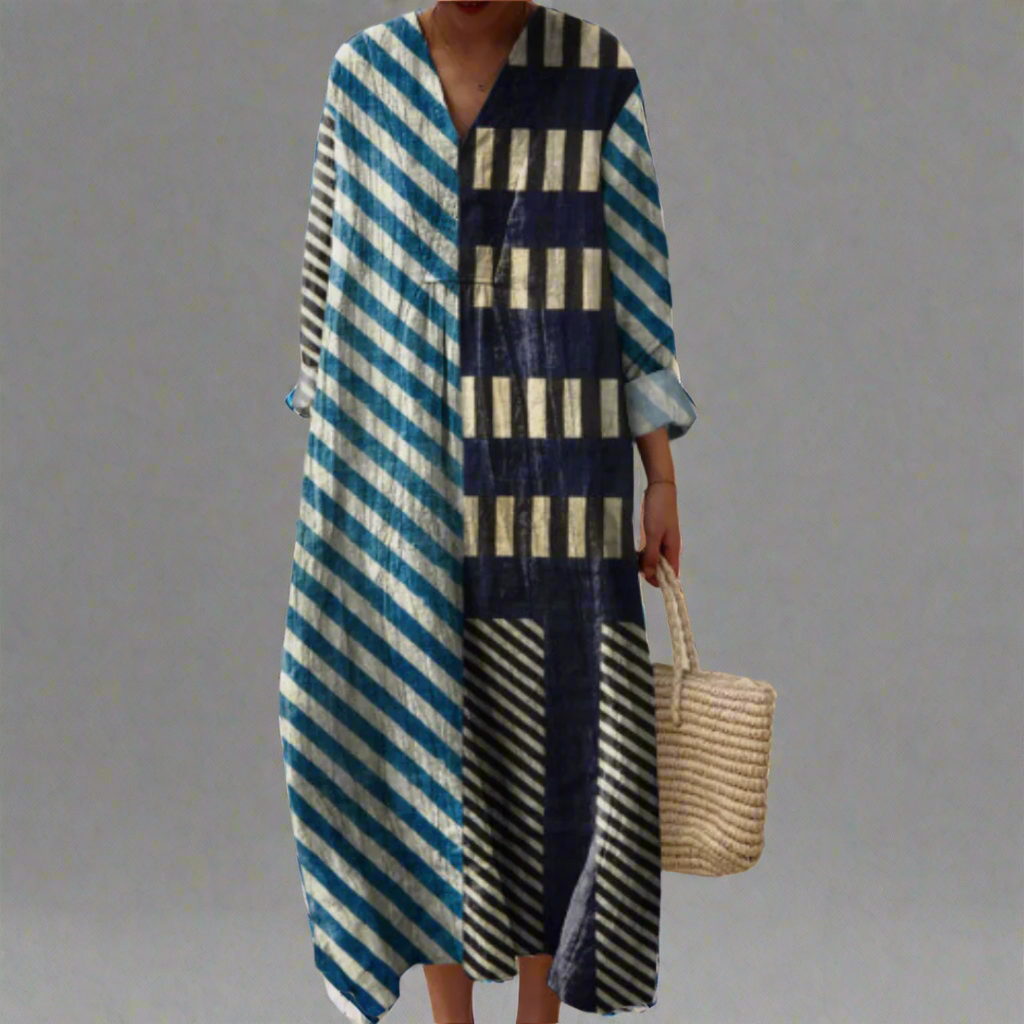 Abito midi moderno a maniche lunghe - Comfort ed eleganza in blu navy e azzurro cielo