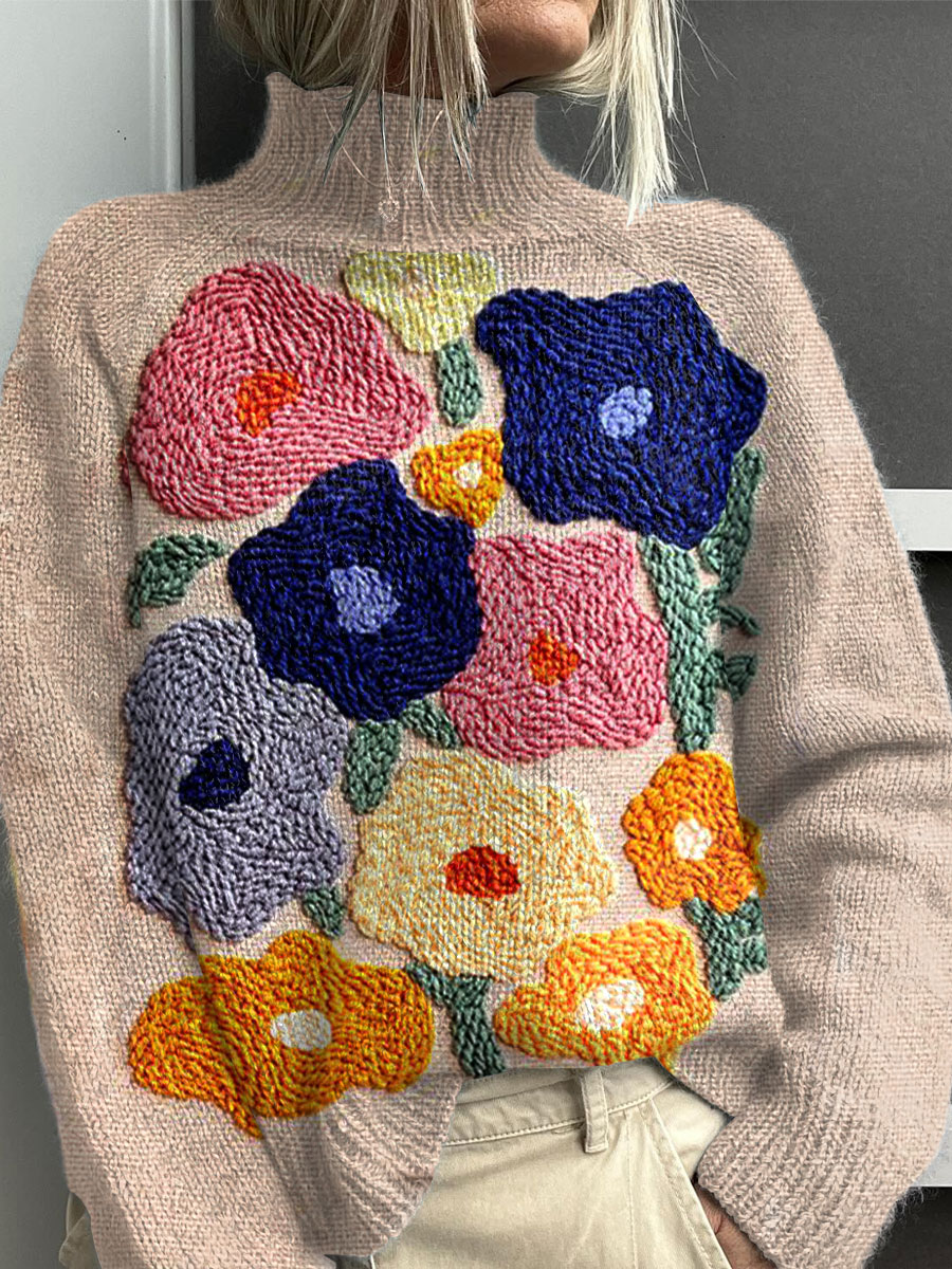 Sweter damski z golfem w kwiaty w stylu vintage, lekki i wygodny
