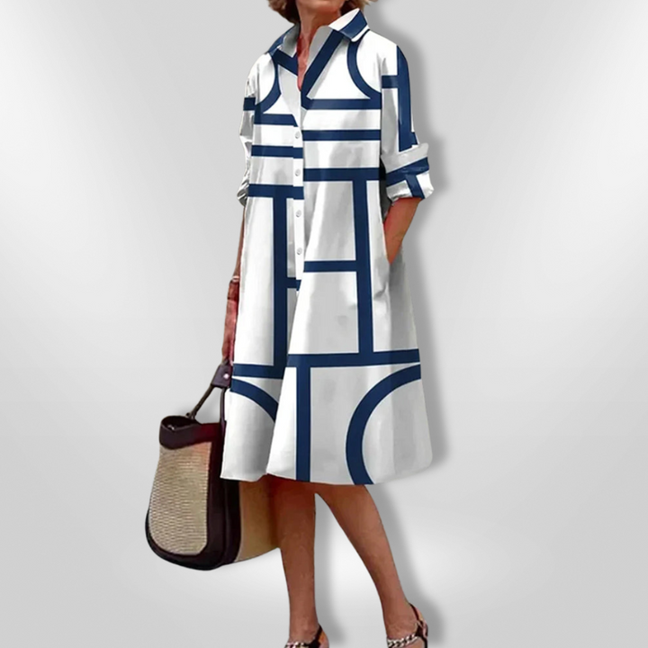 Sukienka Midi Helen™ - Elegancki Krój z Geometrycznym Wzorem