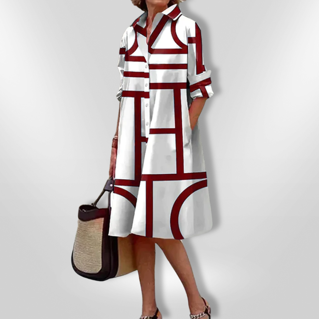 Sukienka Midi Helen™ - Elegancki Krój z Geometrycznym Wzorem