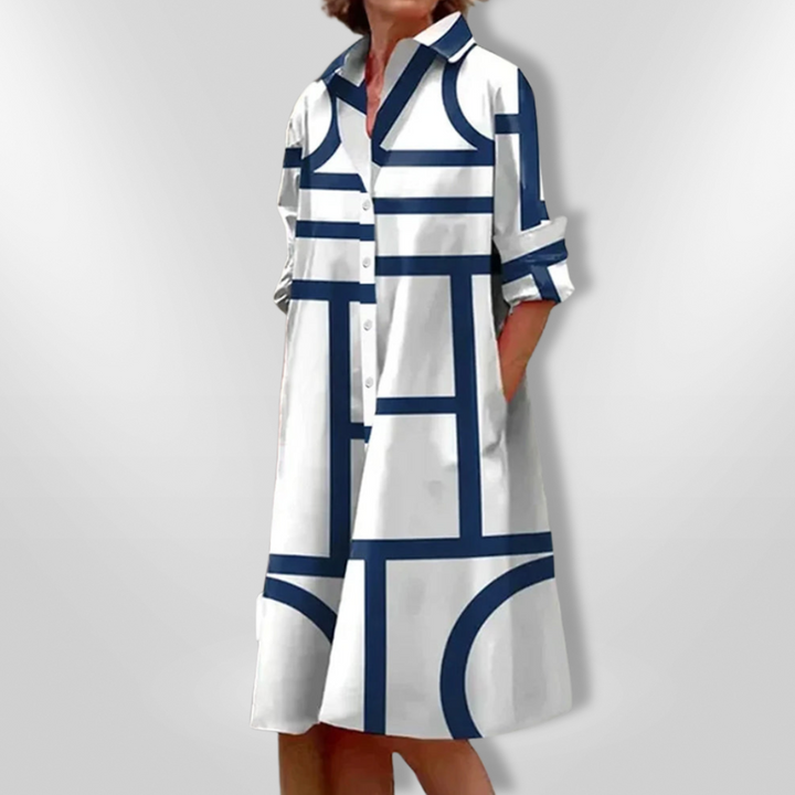 Sukienka Midi Helen™ - Elegancki Krój z Geometrycznym Wzorem