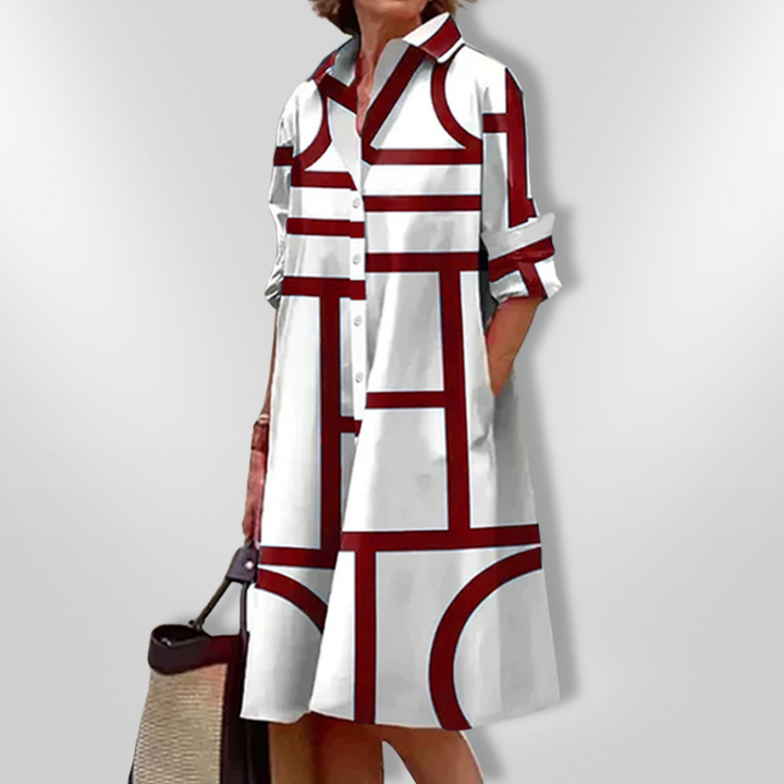 Sukienka Midi Helen™ - Elegancki Krój z Geometrycznym Wzorem